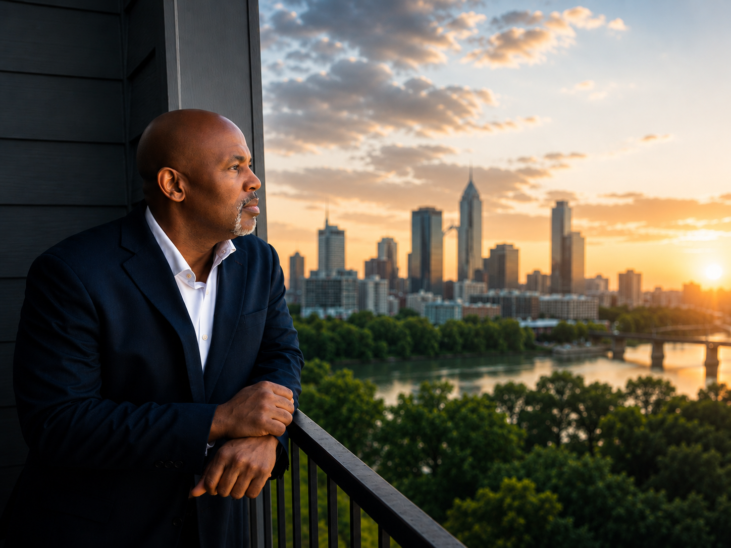 Dr. Abe McCauley overlooking a city skyline